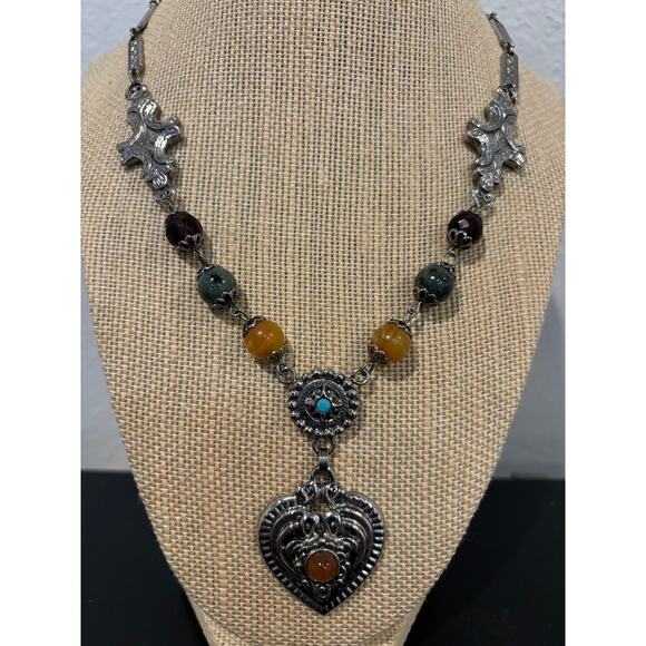 Robert Rose Boho Necklace Heart Pendant Glass Beads - Picture 2 of 4